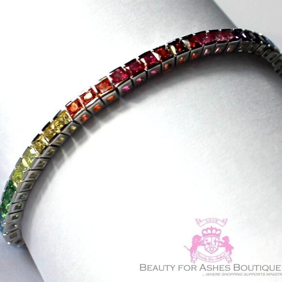 Sterling Silver White Gold Plated 925 God's Promise Rainbow Cz Tennis Bracelet - Picture 1 of 7